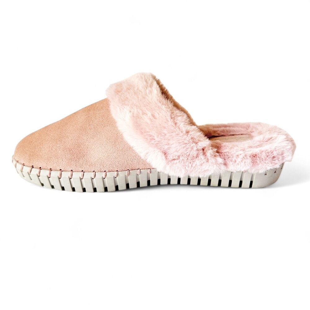 Skechers Pink Suede Mule Slippers Faux Fur Memory Foam Women’s Sz 9